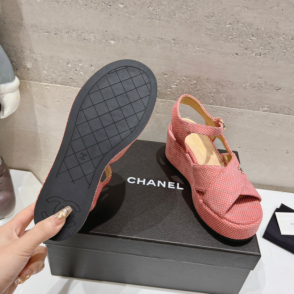 CHANEL Wedge Open-Toe High Heel Sandals Light Pink Sheepskin