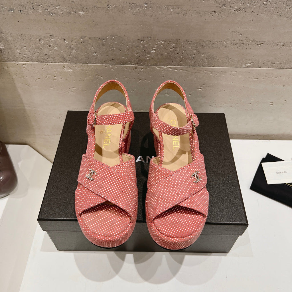 CHANEL Wedge Open-Toe High Heel Sandals Light Pink Sheepskin