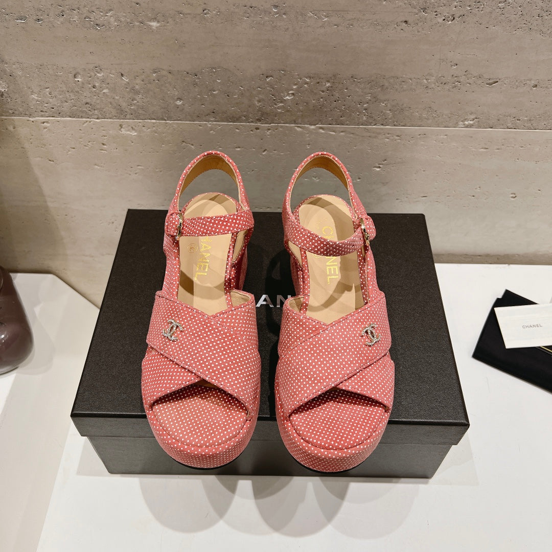 CHANEL Wedge Open-Toe High Heel Sandals Light Pink Sheepskin