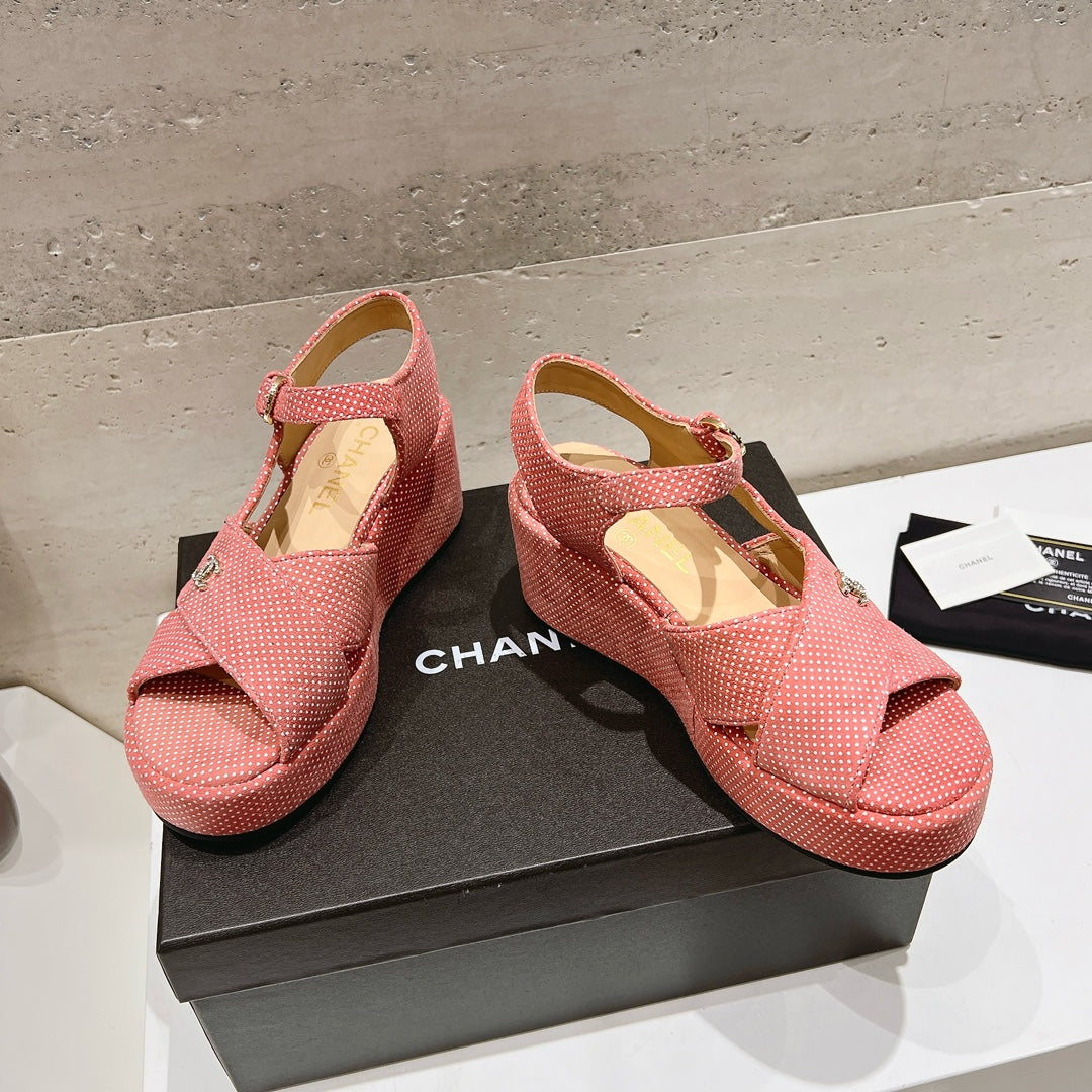 CHANEL Wedge Open-Toe High Heel Sandals Light Pink Sheepskin