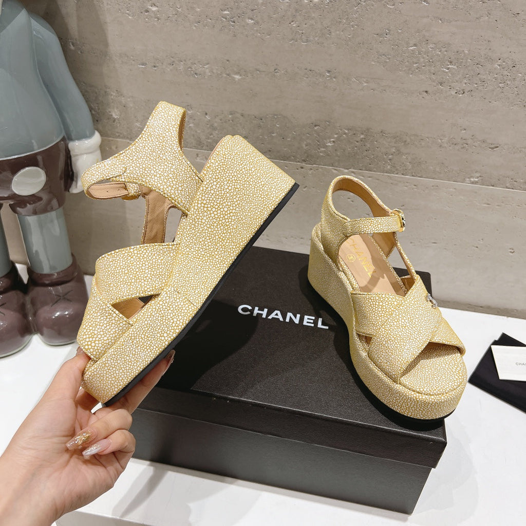 CHANEL Wedge Open-Toe High Heel Sandals Beige Cream Sheepskin
