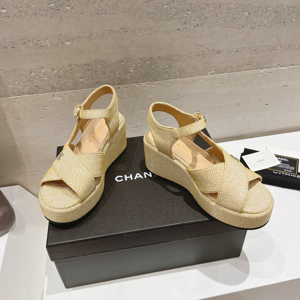 CHANEL Wedge Open-Toe High Heel Sandals Beige Cream Sheepskin