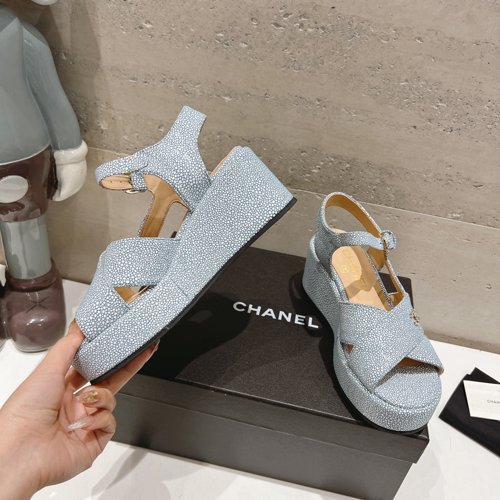 CHANEL Wedge Open-Toe High Heel Sandals Saphire Blue Sheepskin