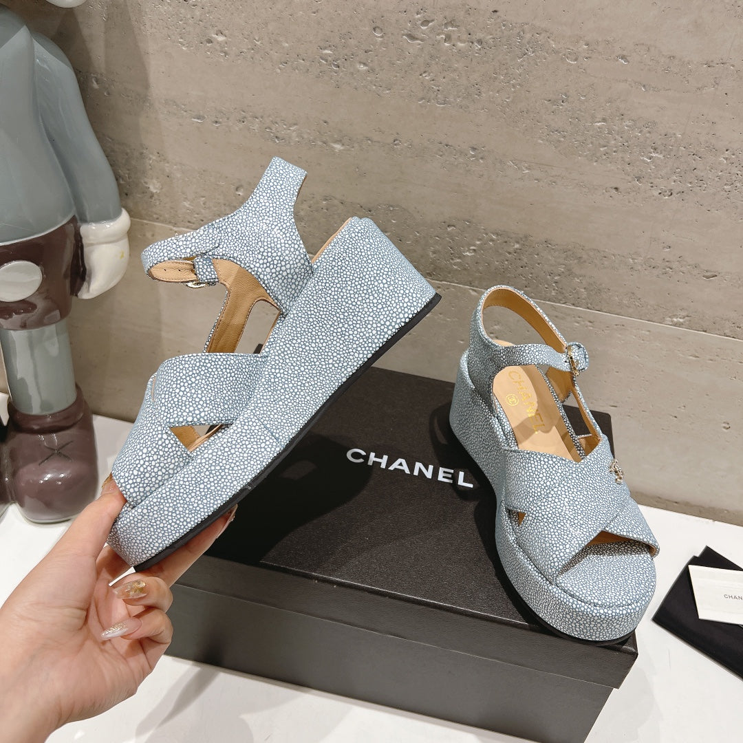 CHANEL Wedge Open-Toe High Heel Sandals Saphire Blue Sheepskin