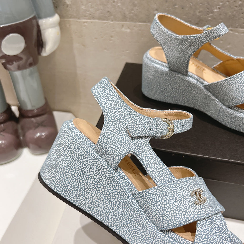 CHANEL Wedge Open-Toe High Heel Sandals Saphire Blue Sheepskin
