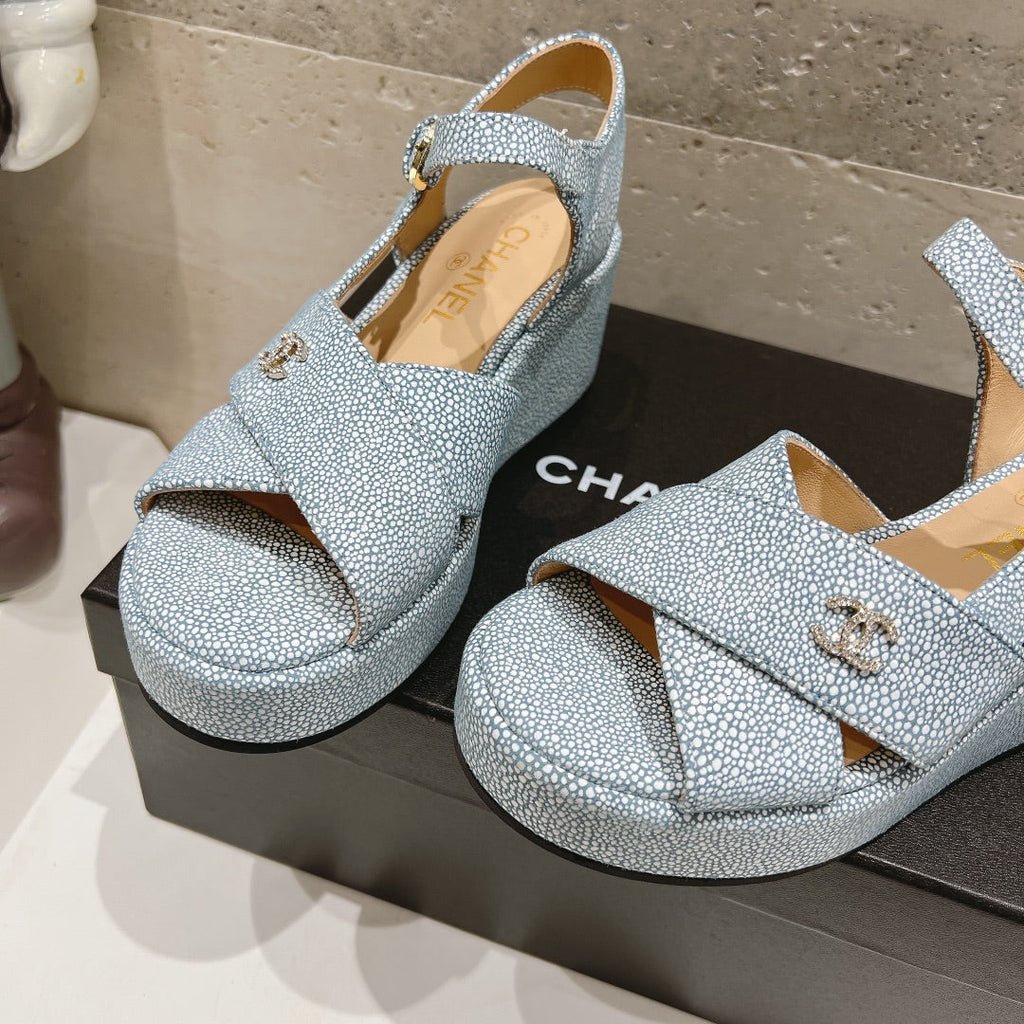 CHANEL Wedge Open-Toe High Heel Sandals Saphire Blue Sheepskin