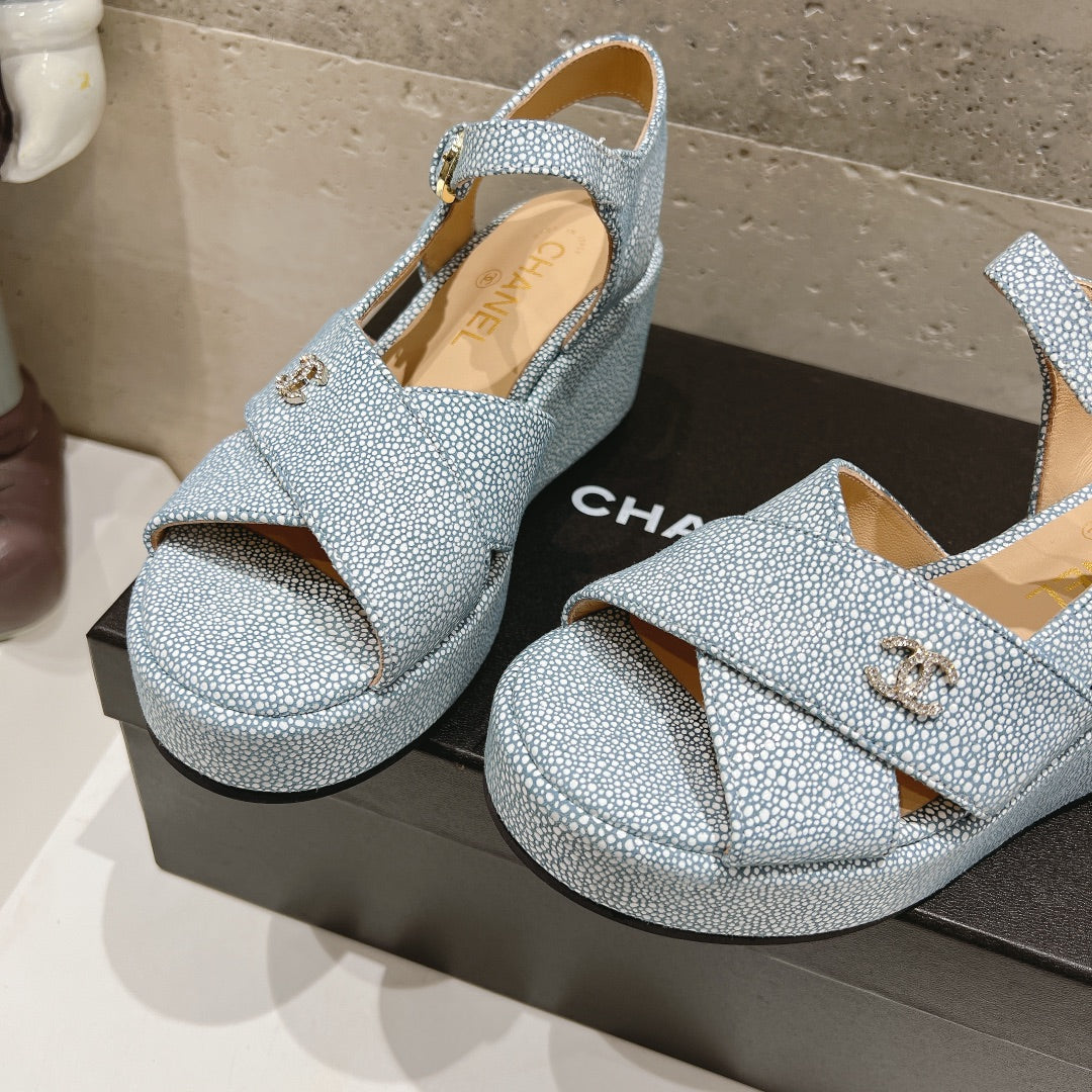 CHANEL Wedge Open-Toe High Heel Sandals Saphire Blue Sheepskin