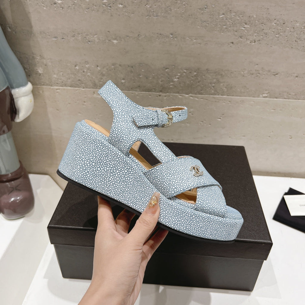 CHANEL Wedge Open-Toe High Heel Sandals Saphire Blue Sheepskin