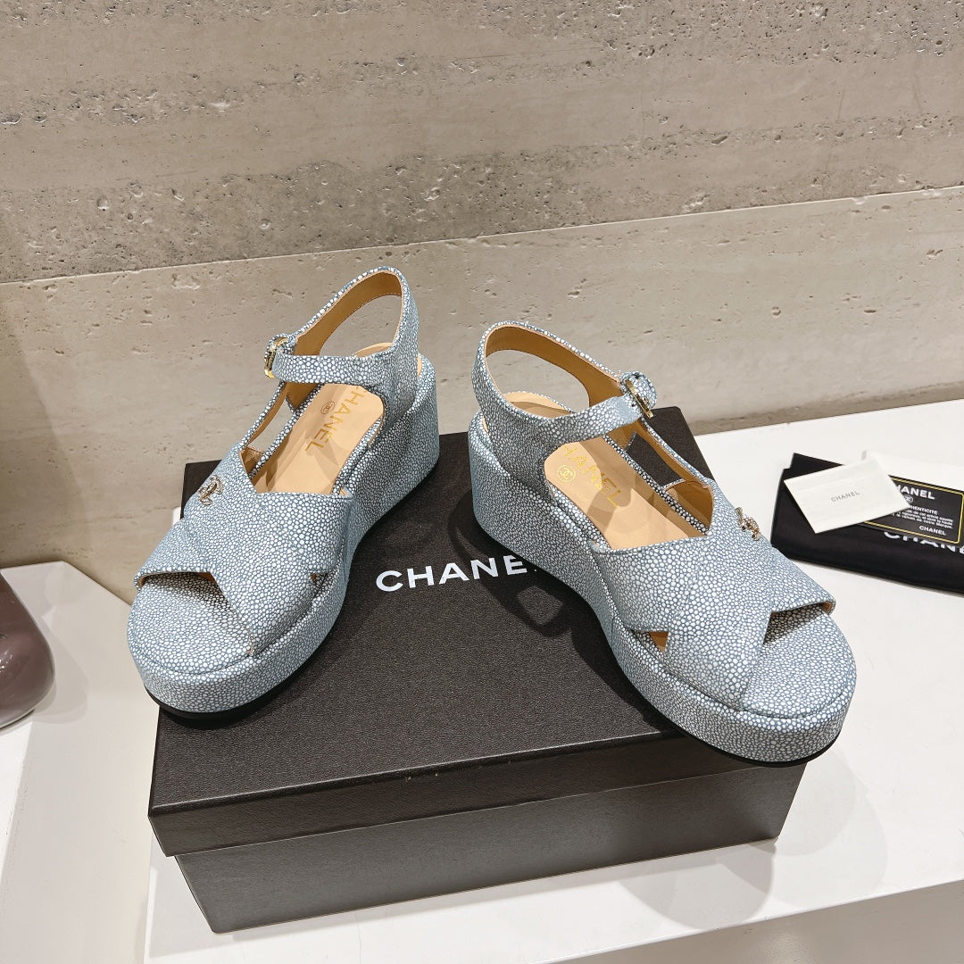 CHANEL Wedge Open-Toe High Heel Sandals Saphire Blue Sheepskin