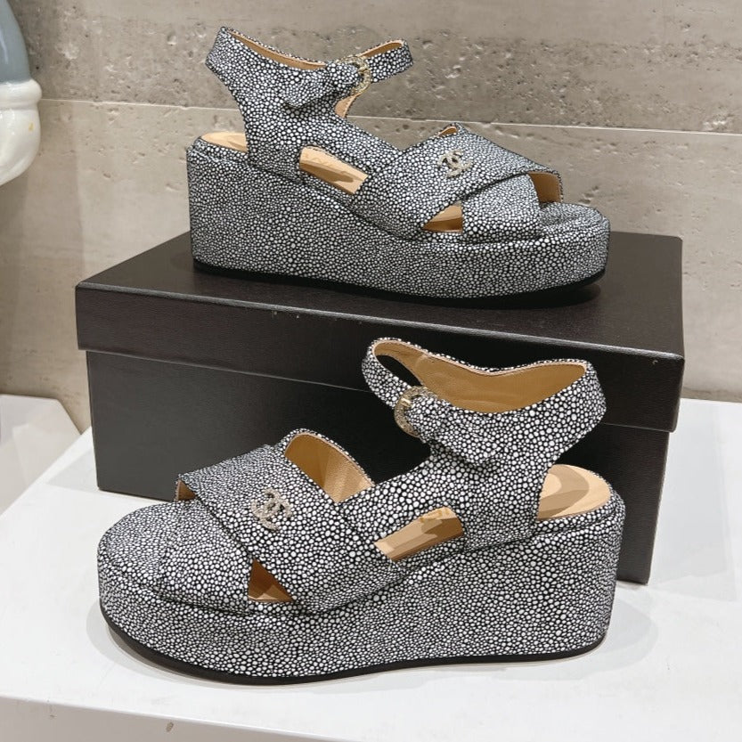 CHANEL Wedge Open-Toe High Heel Sandals Slate Gray Sheepskin