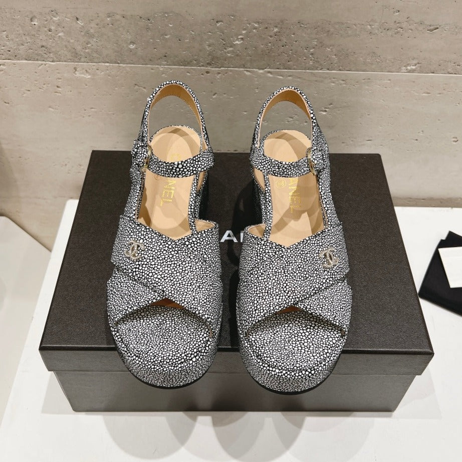CHANEL Wedge Open-Toe High Heel Sandals Slate Gray Sheepskin