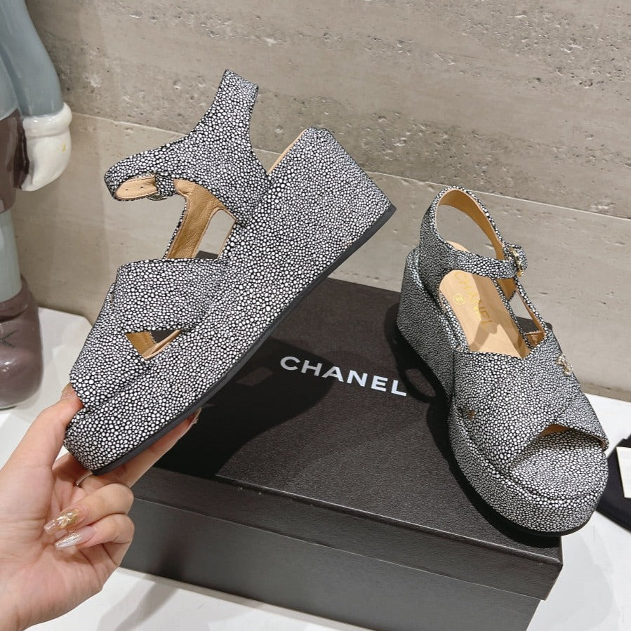 CHANEL Wedge Open-Toe High Heel Sandals Slate Gray Sheepskin