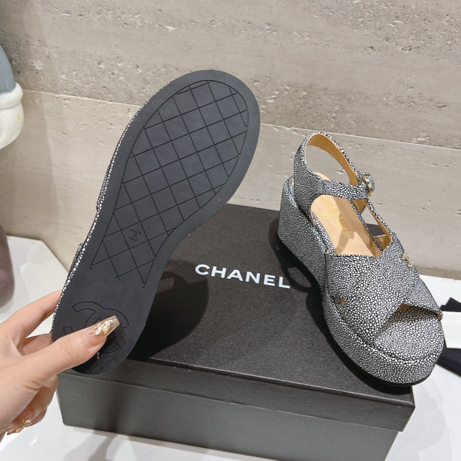 CHANEL Wedge Open-Toe High Heel Sandals Slate Gray Sheepskin