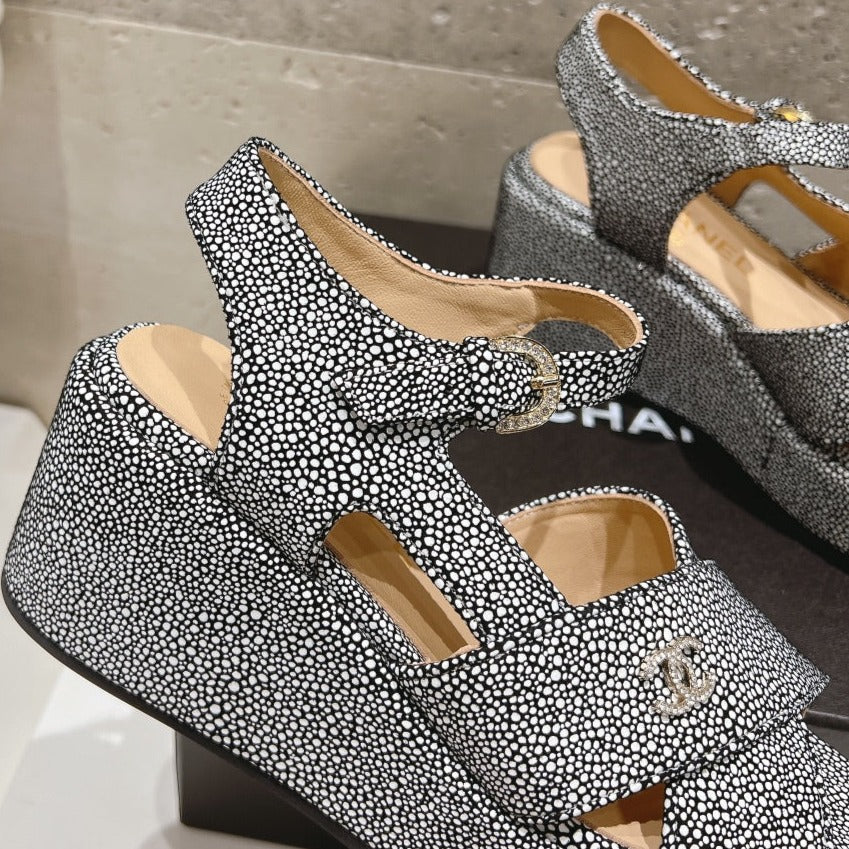 CHANEL Wedge Open-Toe High Heel Sandals Slate Gray Sheepskin