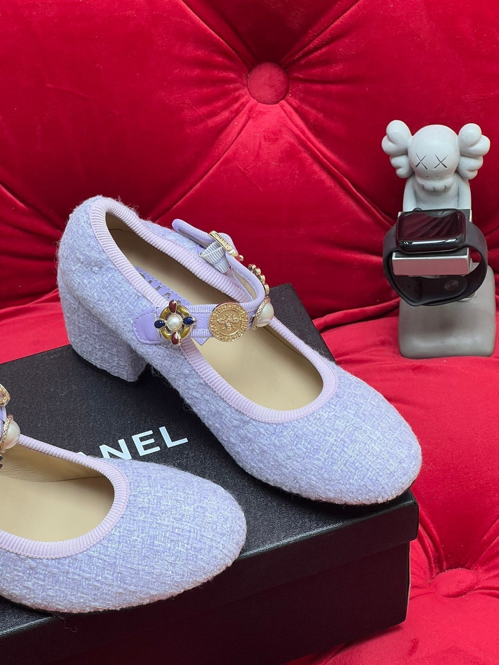 CHANEL HIGH MARY JANE SHOES LIGHT BLUE WOOL TWEED