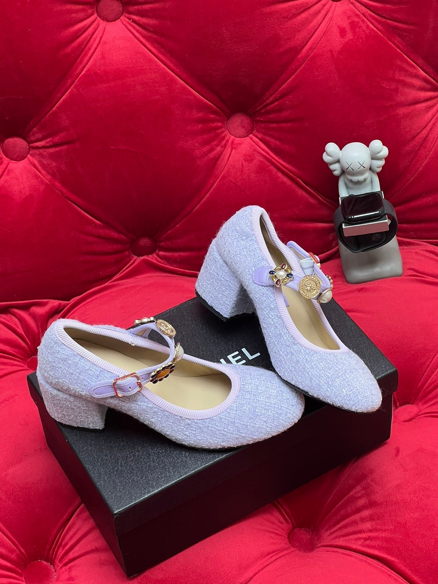 CHANEL HIGH MARY JANE SHOES LIGHT BLUE WOOL TWEED