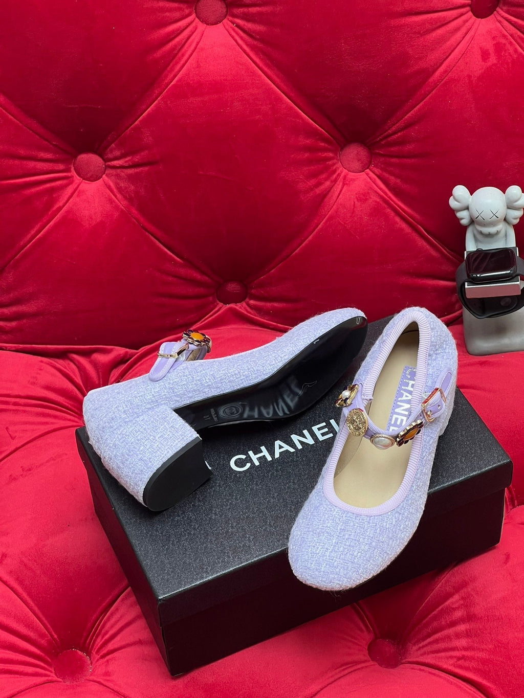 CHANEL HIGH MARY JANE SHOES LIGHT BLUE WOOL TWEED