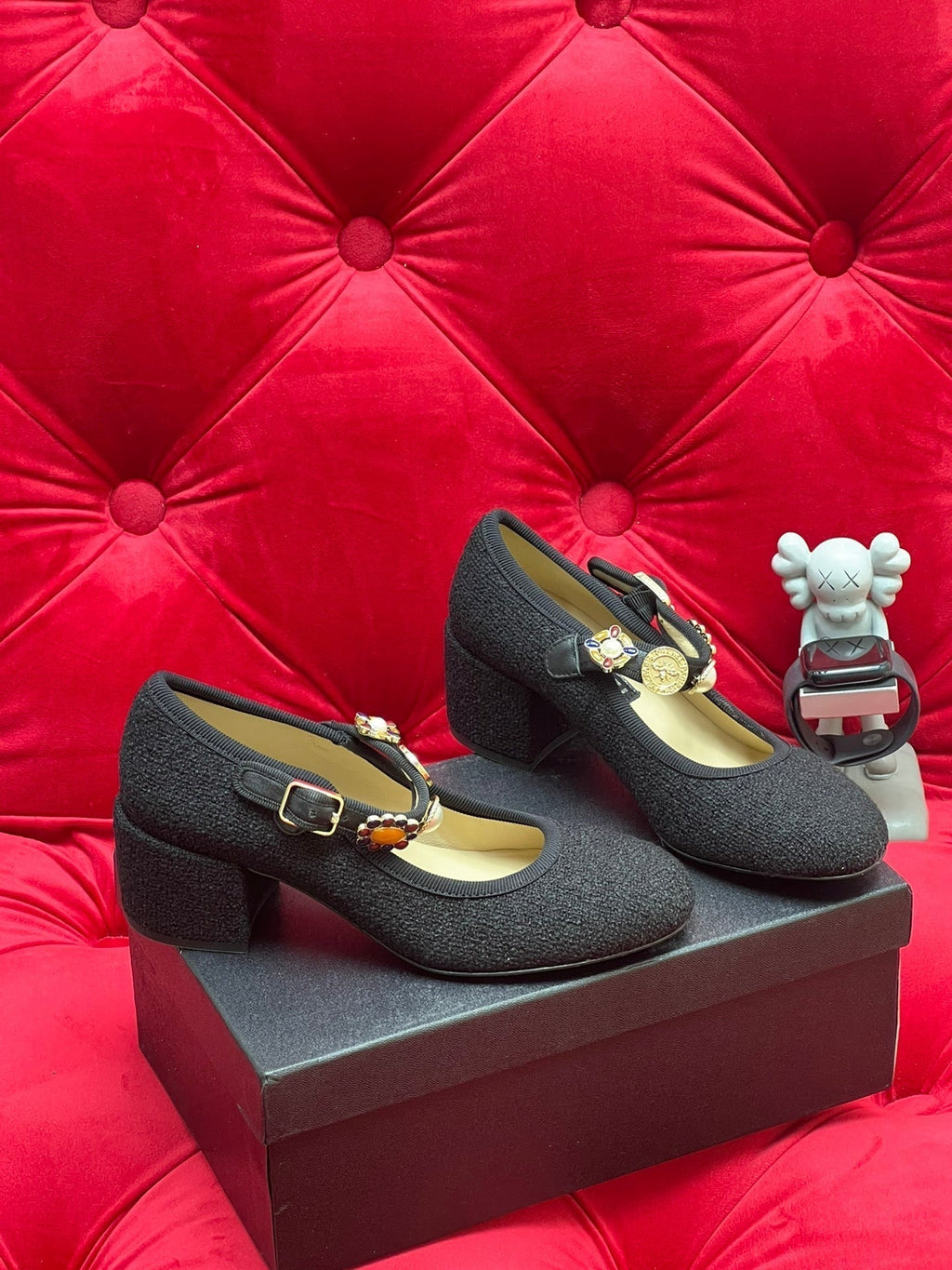 CHANEL HIGH MARY JANE SHOES BLACK WOOL TWEED