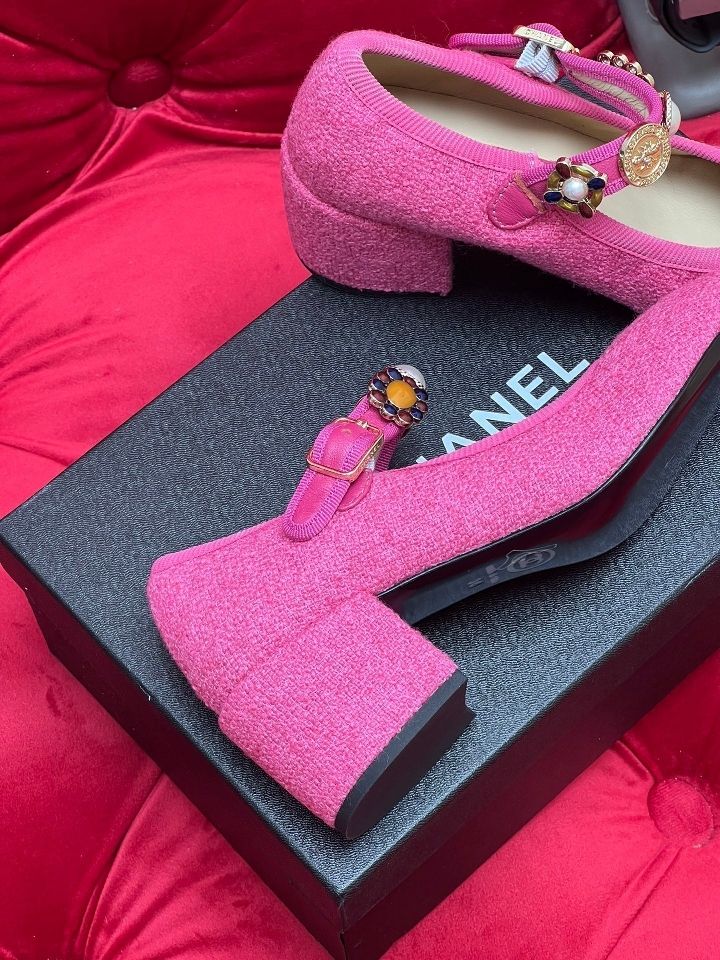 CHANEL HIGH MARY JANE SHOES HOT PINK WOOL TWEED