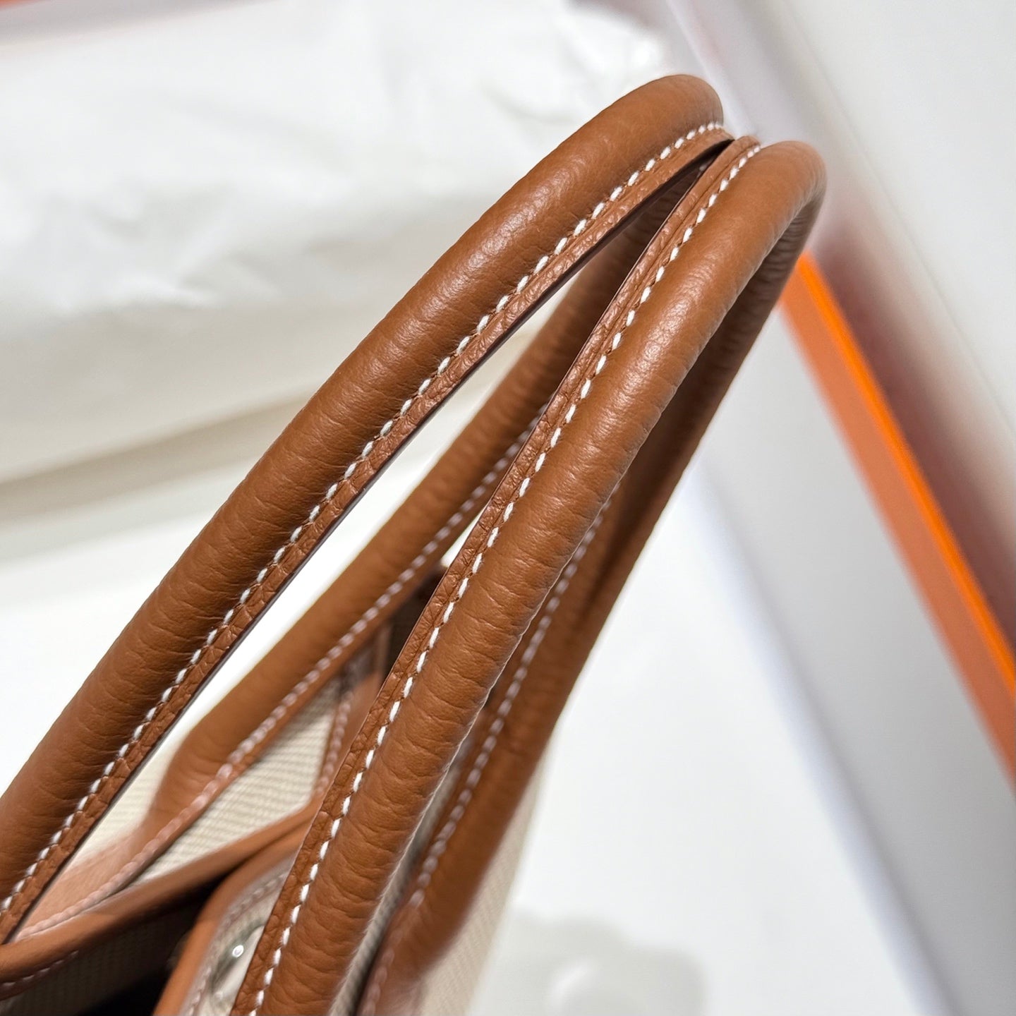 HERMES GARDEN PARTY 23CM IN WHITE TOILETS COTTON CANVAS AND BROWN CALFSKIN