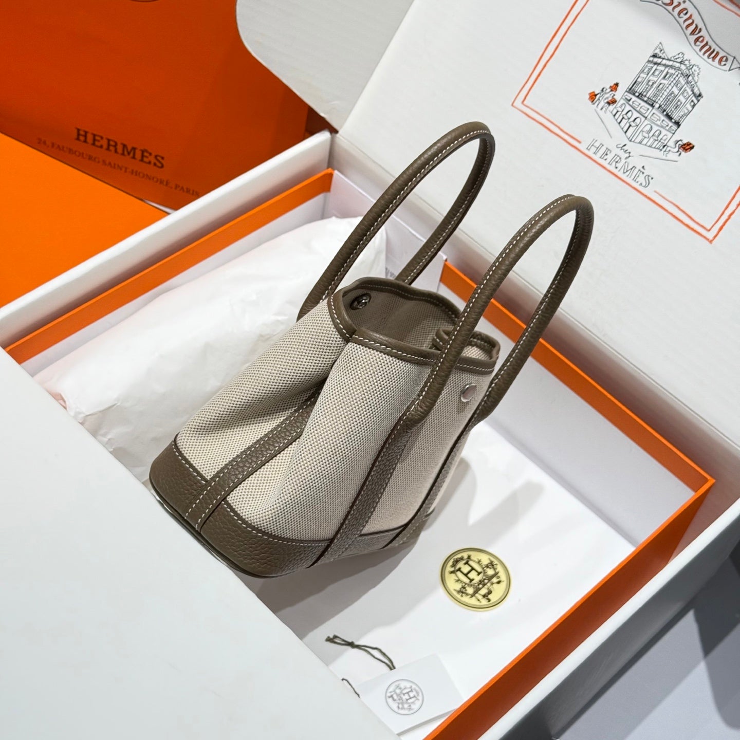 HERMES GARDEN PARTY 23CM IN WHITE TOILETS COTTON CANVAS AND TAUPE CALFSKIN