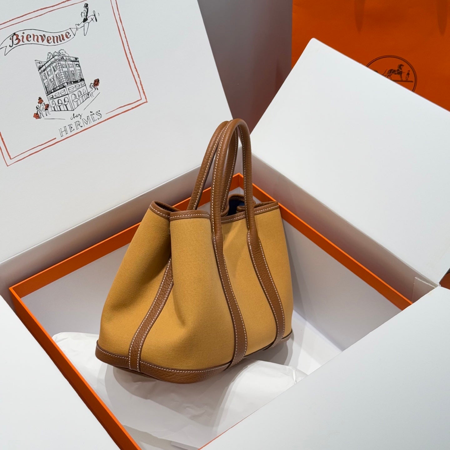 HERMES GARDEN PARTY 30CM IN DUNE MAGNOLIA TOILETS COTTON CANVAS AND BROWN CALFSKIN