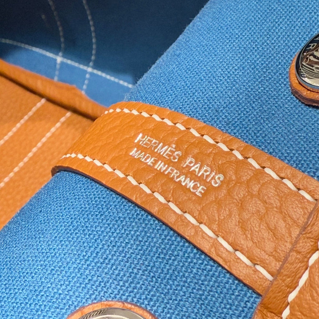 HERMES GARDEN PARTY 30CM IN DUNE MAGNOLIA TOILETS COTTON CANVAS AND BROWN CALFSKIN