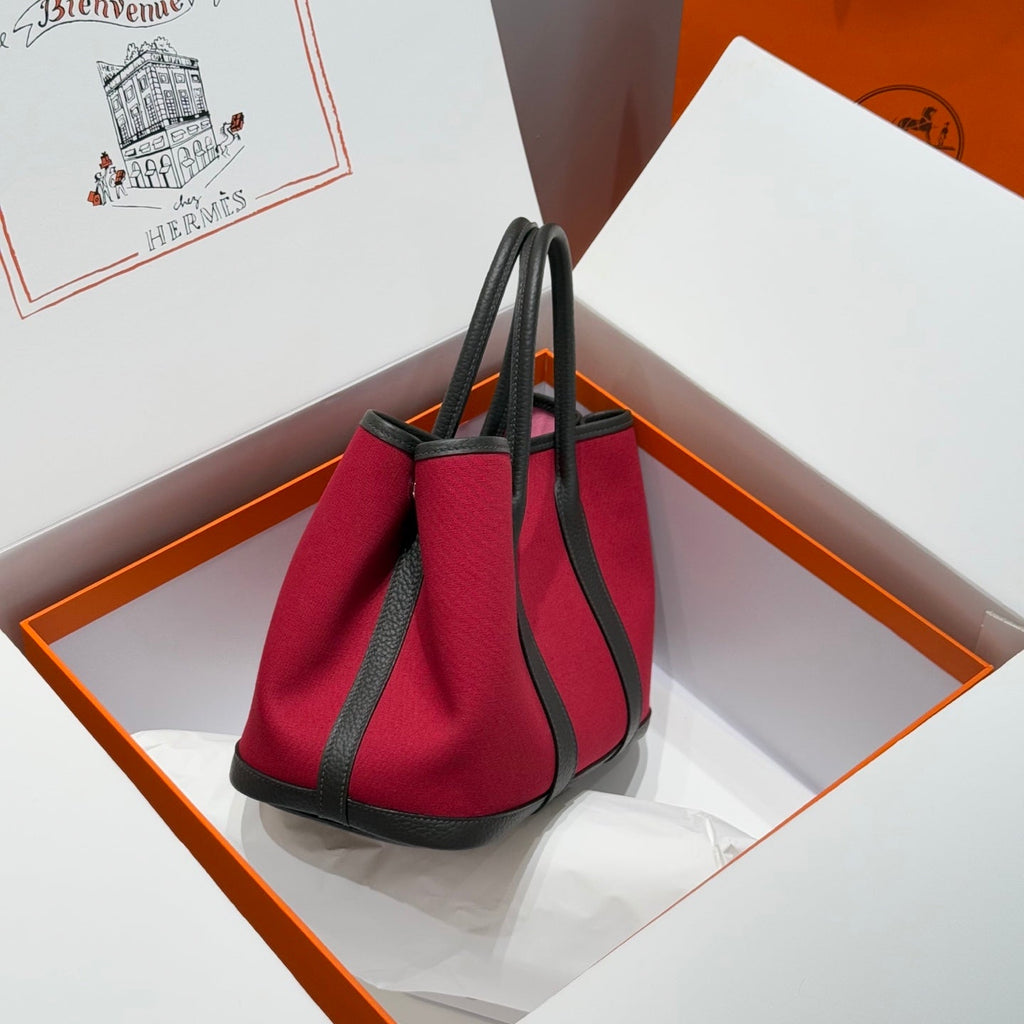 HERMES GARDEN PARTY 30CM IN RED TOILETS COTTON CANVAS AND DARK BROWN CALFSKIN PINK ON SIDE OTHER