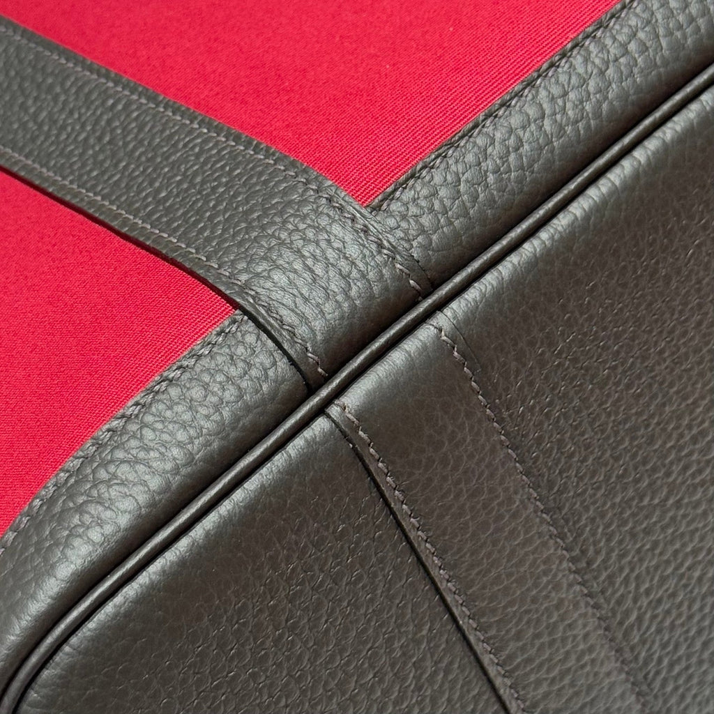 HERMES GARDEN PARTY 30CM IN RED TOILETS COTTON CANVAS AND DARK BROWN CALFSKIN PINK ON SIDE OTHER