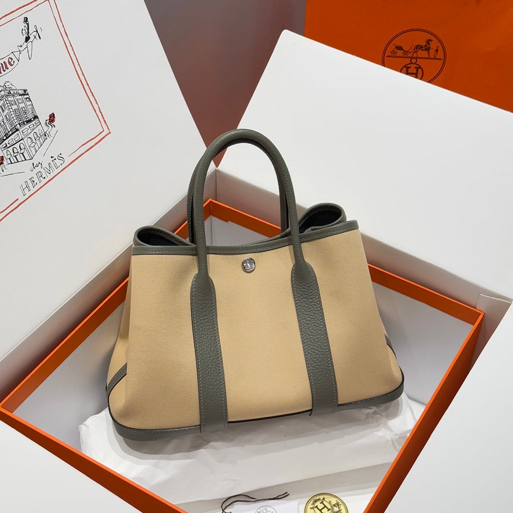HERMES GARDEN PARTY 30CM IN DARK BEIGE TOILETS COTTON CANVAS AND GREY CALFSKIN
