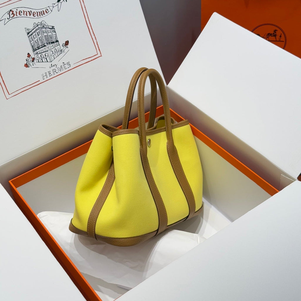 HERMES GARDEN PARTY 30CM IN YELLOW TOILETS COTTON CANVAS AND BEIGE MARFA CALFSKIN
