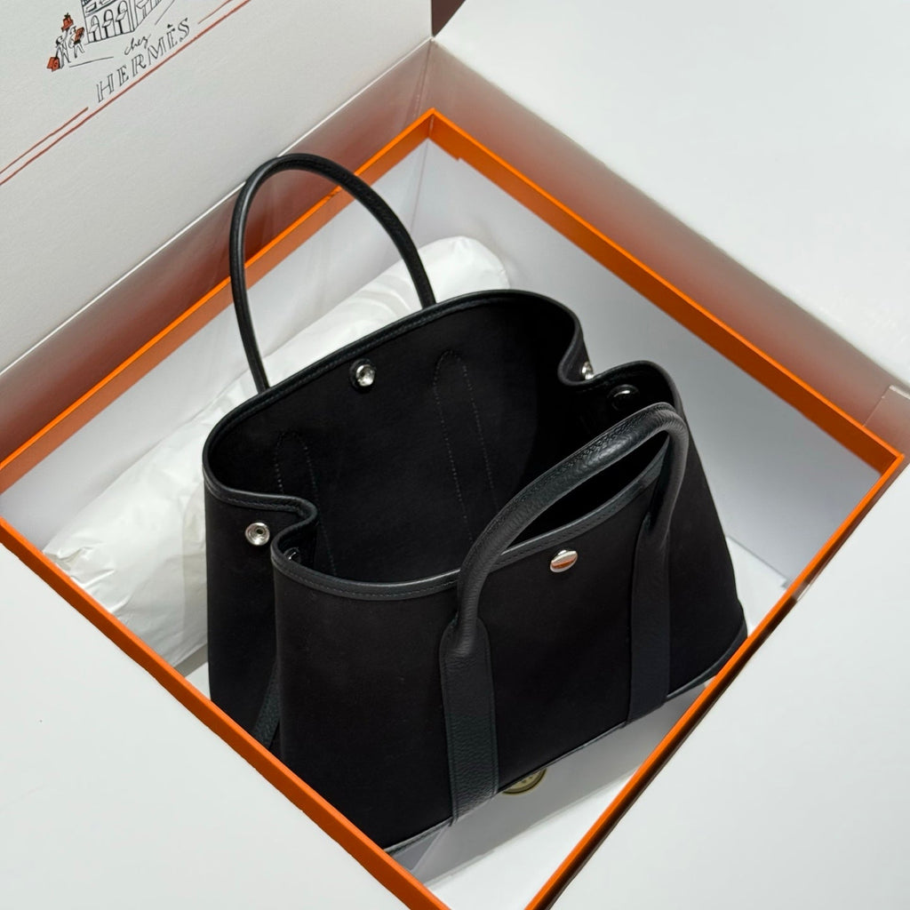 HERMES GARDEN PARTY 30CM IN BLACK TOILETS COTTON CANVAS AND CALFSKIN