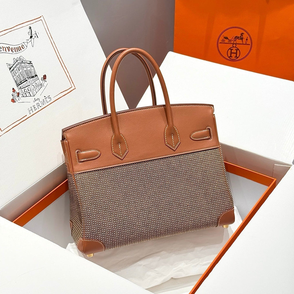 HERMES QUADRILLE BIRKIN 30CM IN GOLD SWIFT CALFSKIN AND BLACK/WHITE/BROWN TOILE CANVAS