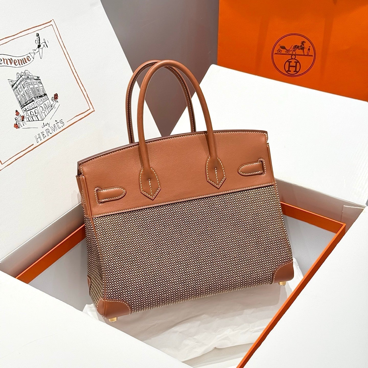 HERMES QUADRILLE BIRKIN 30CM IN GOLD SWIFT CALFSKIN AND BLACK/WHITE/BROWN TOILE CANVAS