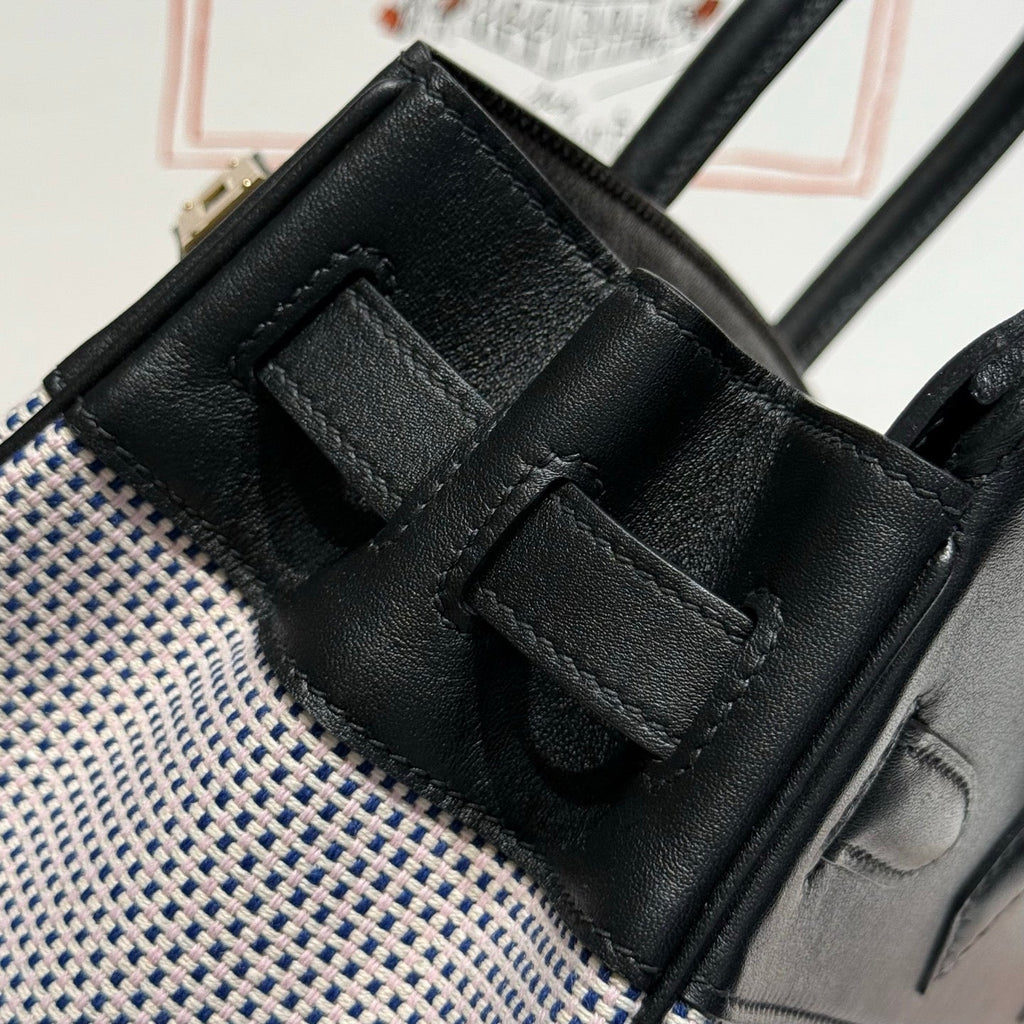 HERMES QUADRILLE BIRKIN 30CM IN BLACK SWIFT CALFSKIN WHITE BLUE PINK PLAID TOILE CANVAS