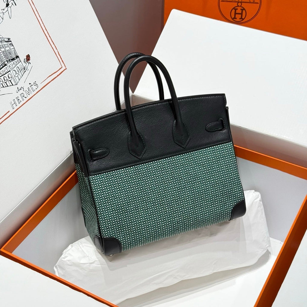 HERMES QUADRILLE BIRKIN 25CM IN BLACK SWIFT CALFSKIN BLACK/MINT/BLANC TOILE CANVAS