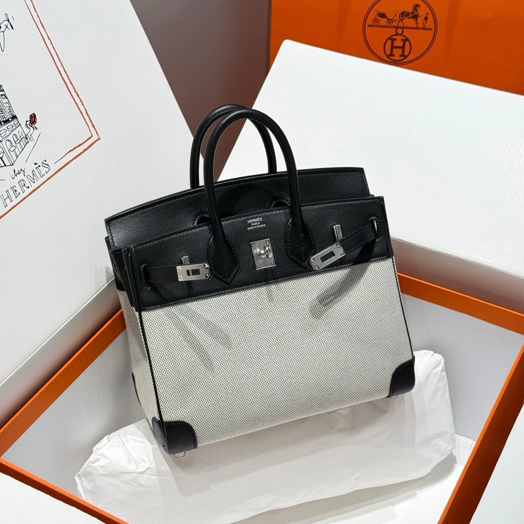 HERMES QUADRILLE BIRKIN 25CM IN BLACK SWIFT CALFSKIN WHITE TOILE CANVAS