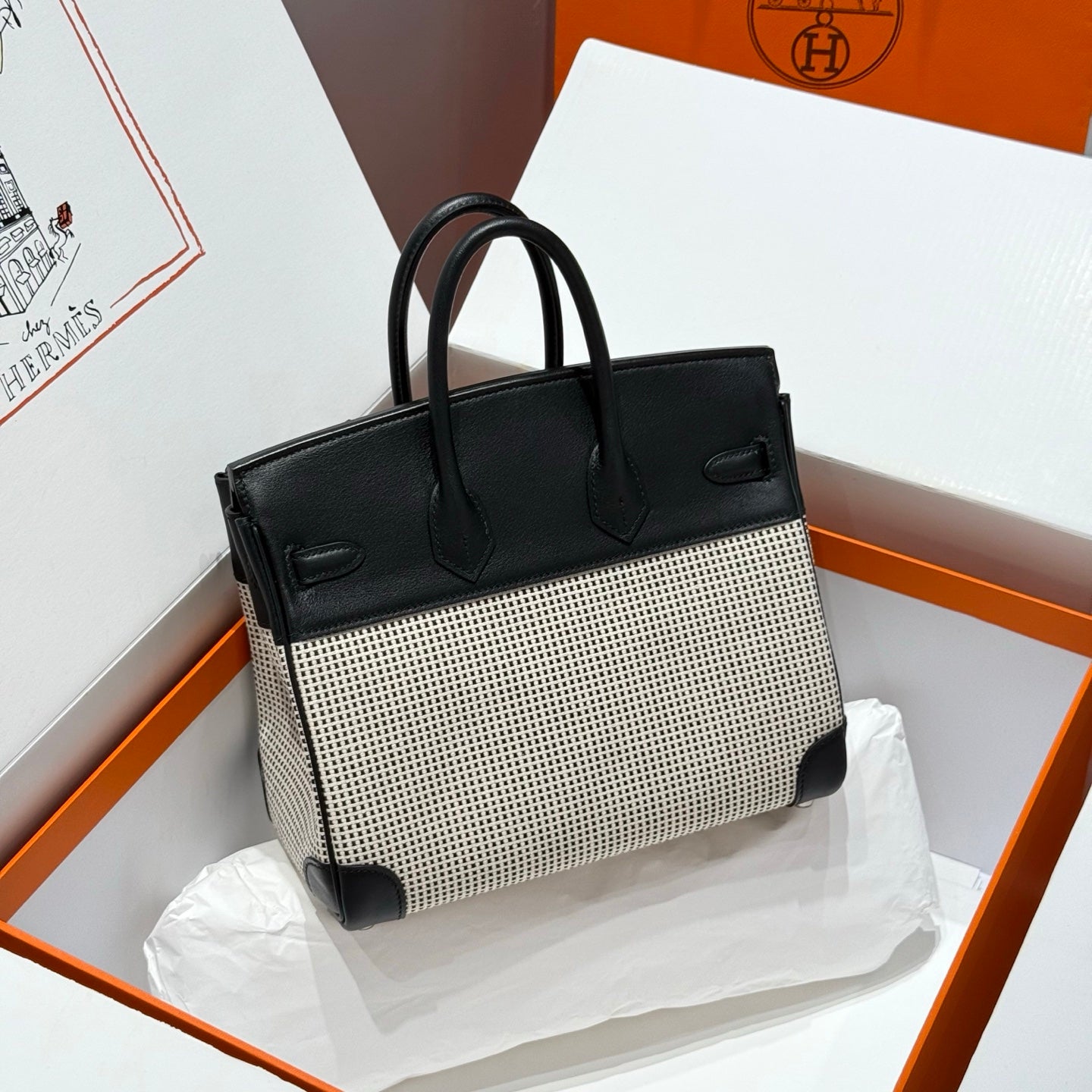 HERMES QUADRILLE BIRKIN 25CM IN BLACK SWIFT CALFSKIN WHITE BLACK PLAID TOILE CANVAS