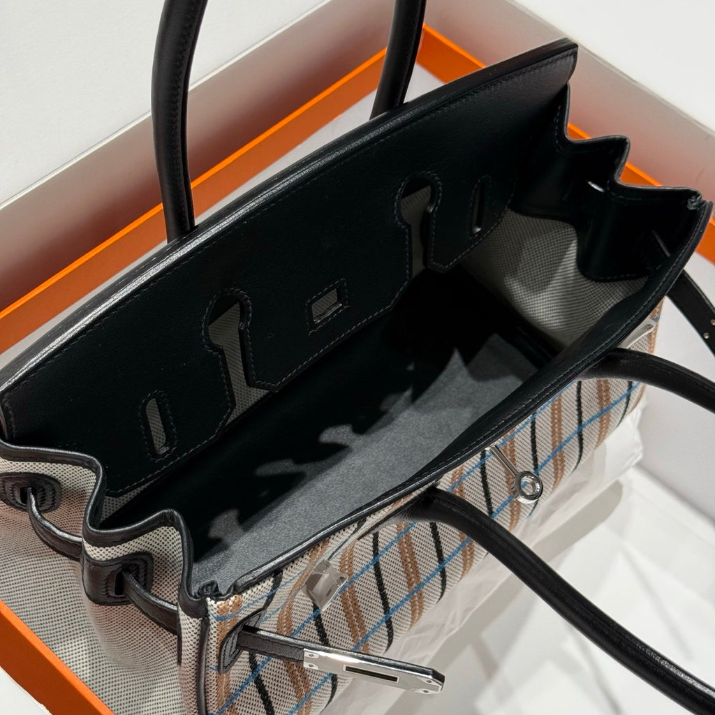 HERMES BIRKIN SHOULDER 29 IN BLACK CALFSKIN ÉCRU/NOIR/FAUVE/NOIR/BLEU ZANZIBAR EMBROIDERY PLAID CANVAS