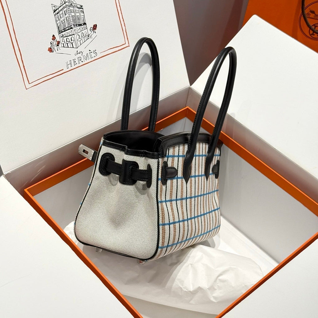 HERMES BIRKIN SHOULDER 29 IN BLACK CALFSKIN ÉCRU/NOIR/FAUVE/NOIR/BLEU ZANZIBAR EMBROIDERY PLAID CANVAS