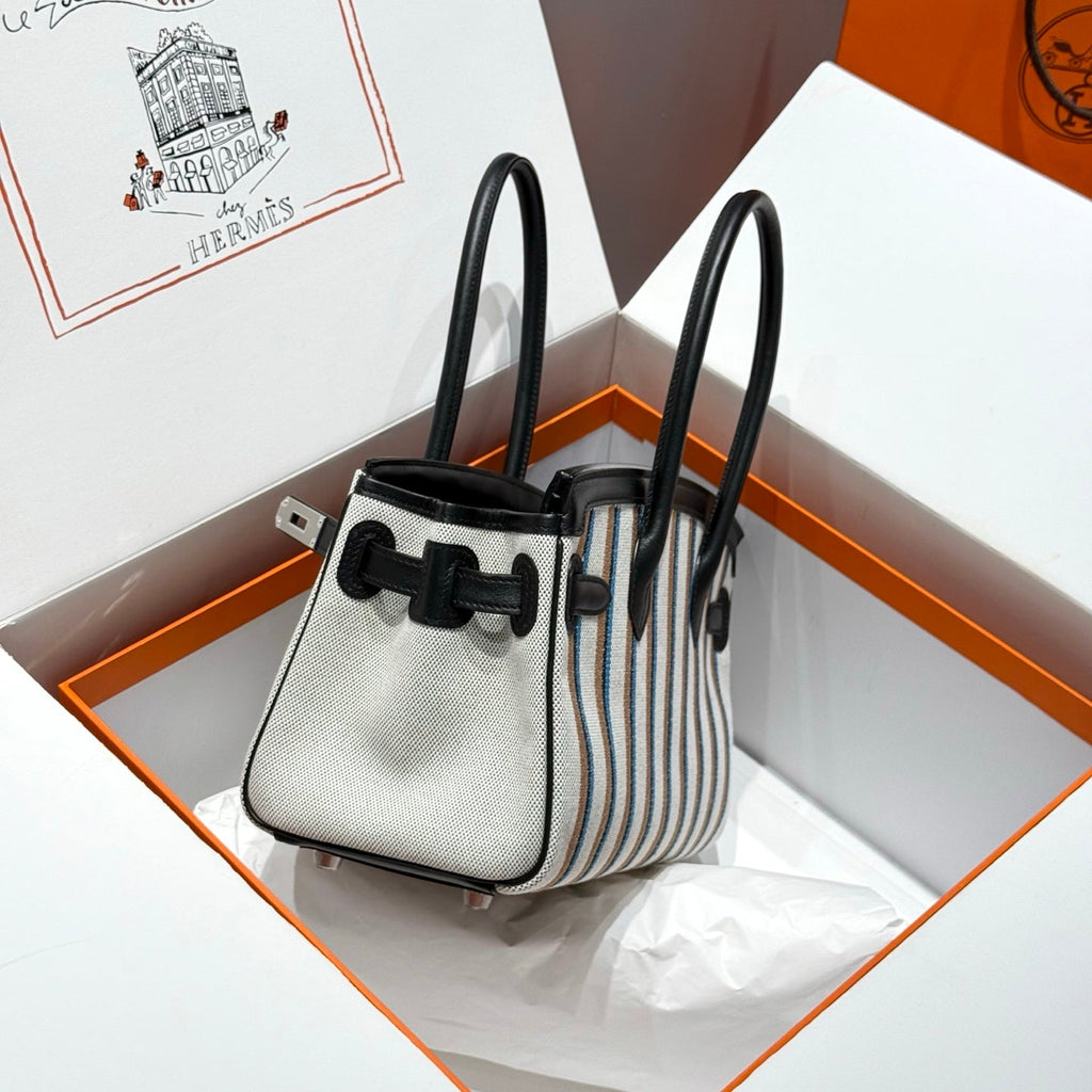 HERMES BIRKIN SHOULDER 29 IN BLACK CALFSKIN ÉCRU/NOIR/FAUVE/NOIR/BLEU ZANZIBAR EMBROIDERY CANVAS