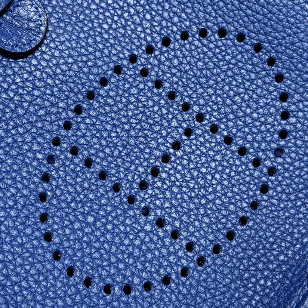 HERMES 25S MINI EVELYNE 18 IN BLUE PATTERNED STRAP CALFSKIN SILVER HARDWARE