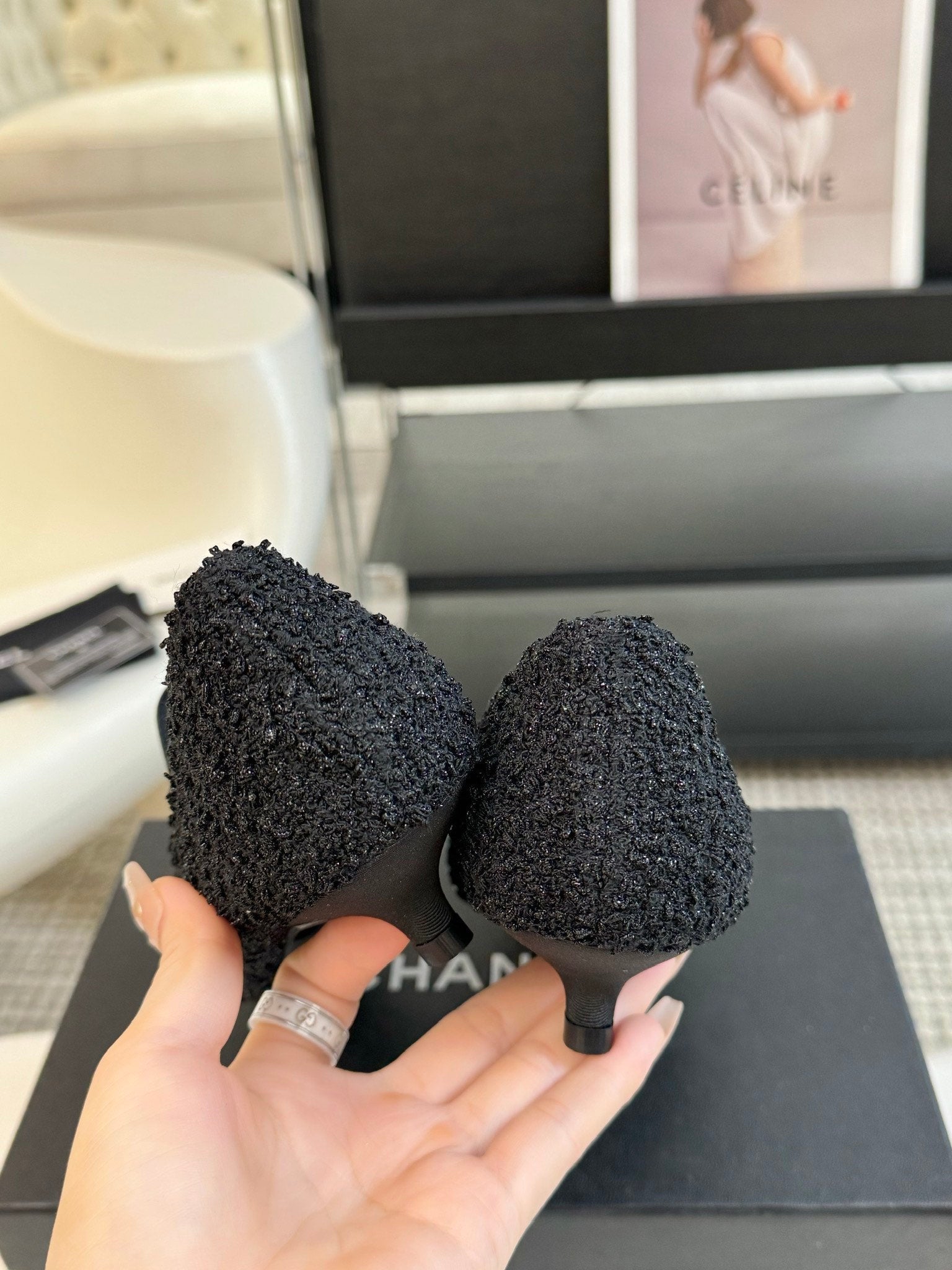CHANEL MARY JANE IN BLACK WOOL TWEED AND SATIN