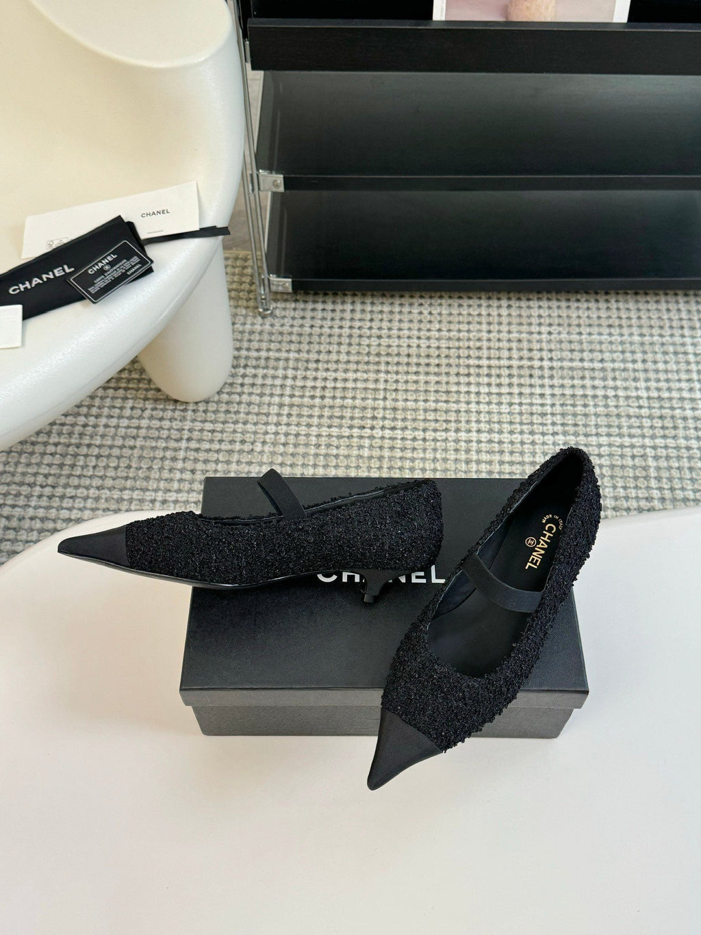 CHANEL MARY JANE IN BLACK WOOL TWEED AND SATIN