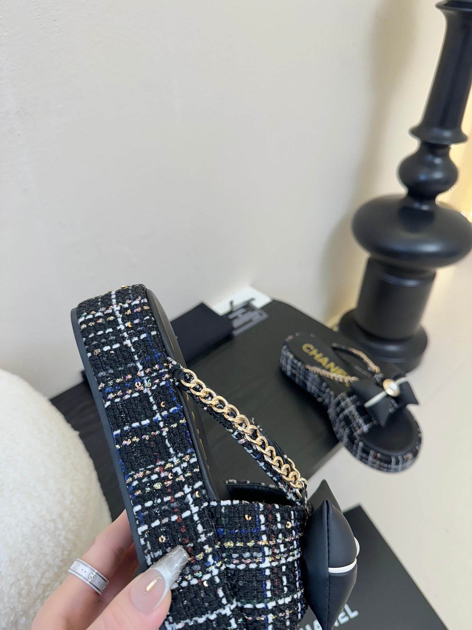 CHANEL PLATFORM FLIP-FLOPS IN BLACK TWEED FABRIC