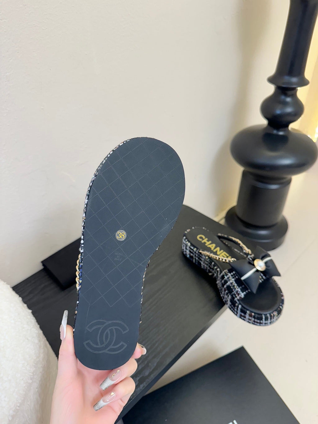 CHANEL PLATFORM FLIP-FLOPS IN BLACK TWEED FABRIC