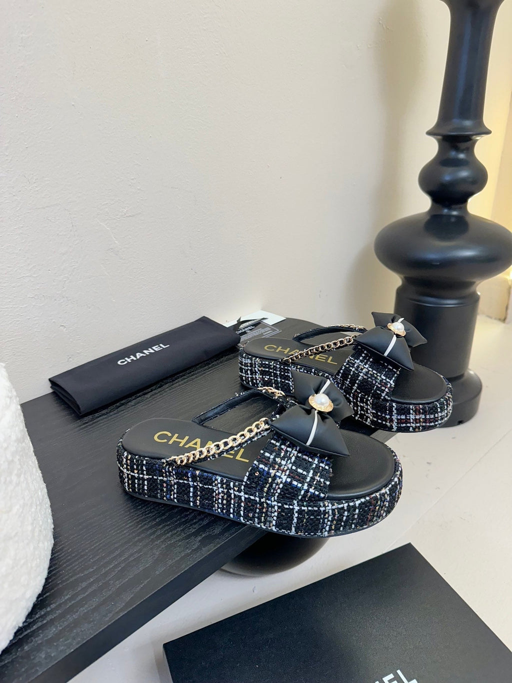 CHANEL PLATFORM FLIP-FLOPS IN BLACK TWEED FABRIC