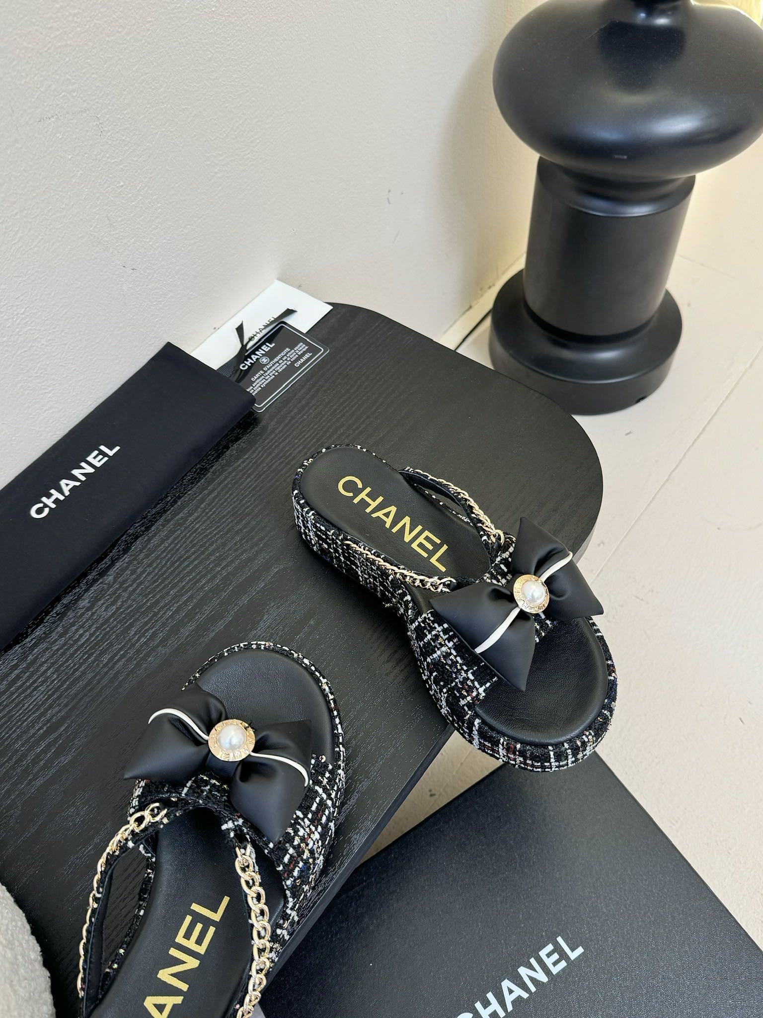 CHANEL PLATFORM FLIP-FLOPS IN BLACK TWEED FABRIC