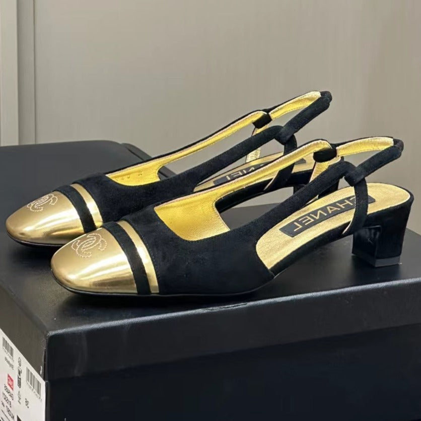 CHANEL SLINGBACKS IN BLACK SUEDE AND GOLDEN LAMBSKIN