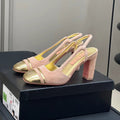 CHANEL HIGH SLINGBACKS IN LIGHT PINK SUEDE AND GOLDEN LAMBSKIN